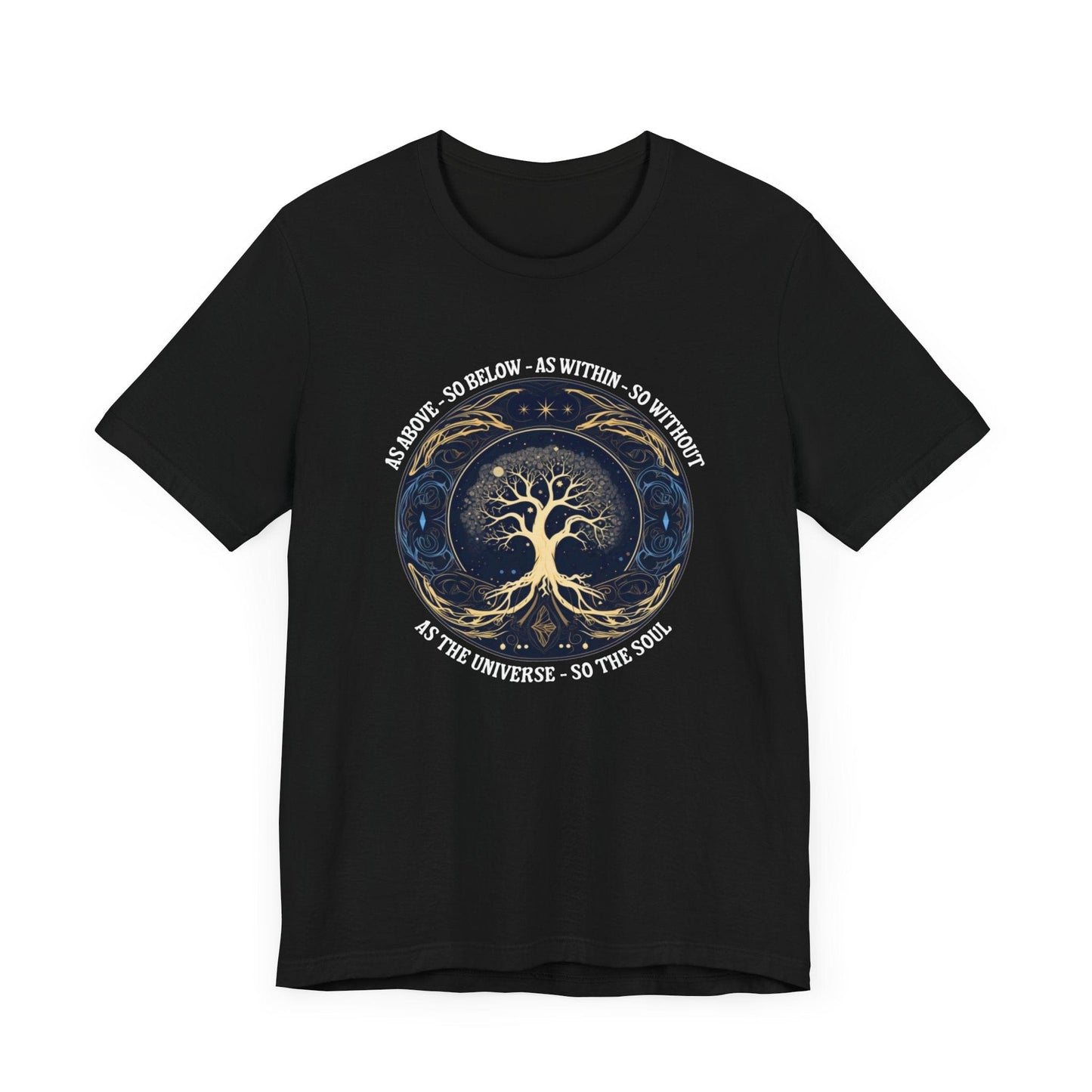 As Above So Below T-Shirt in Black featuring Tree of Life and sacred geometry design.