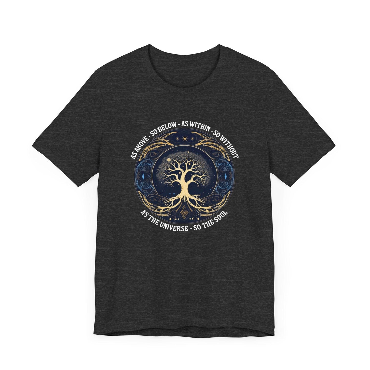 As Above So Below T-Shirt in Dark Grey Heather featuring Tree of Life and sacred geometry design.