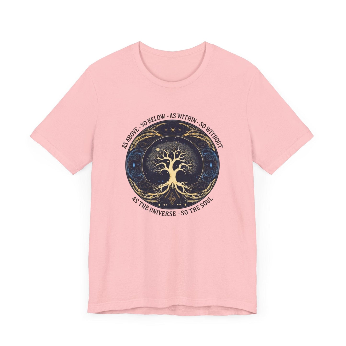 As Above So Below T-Shirt in Pink featuring Tree of Life and sacred geometry design.