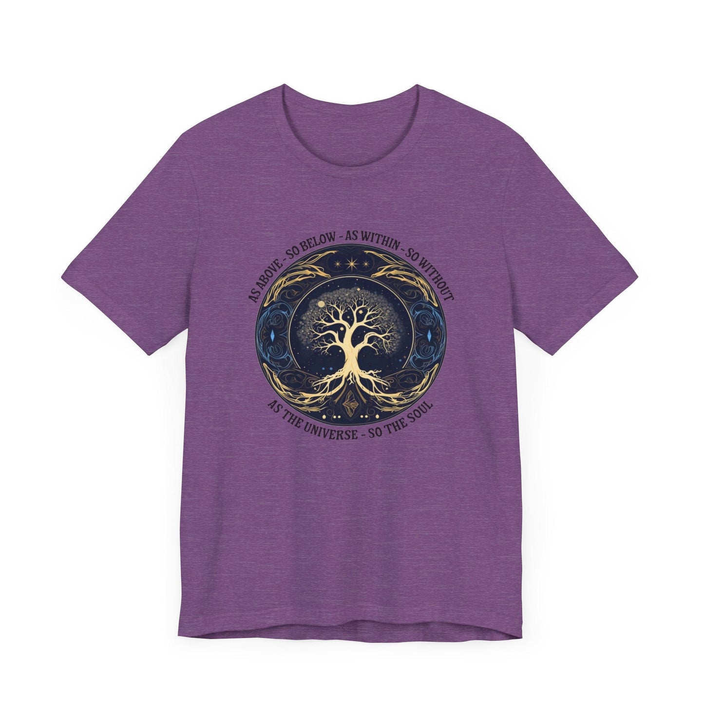As Above So Below T-Shirt in Heather Purple featuring Tree of Life and sacred geometry design.