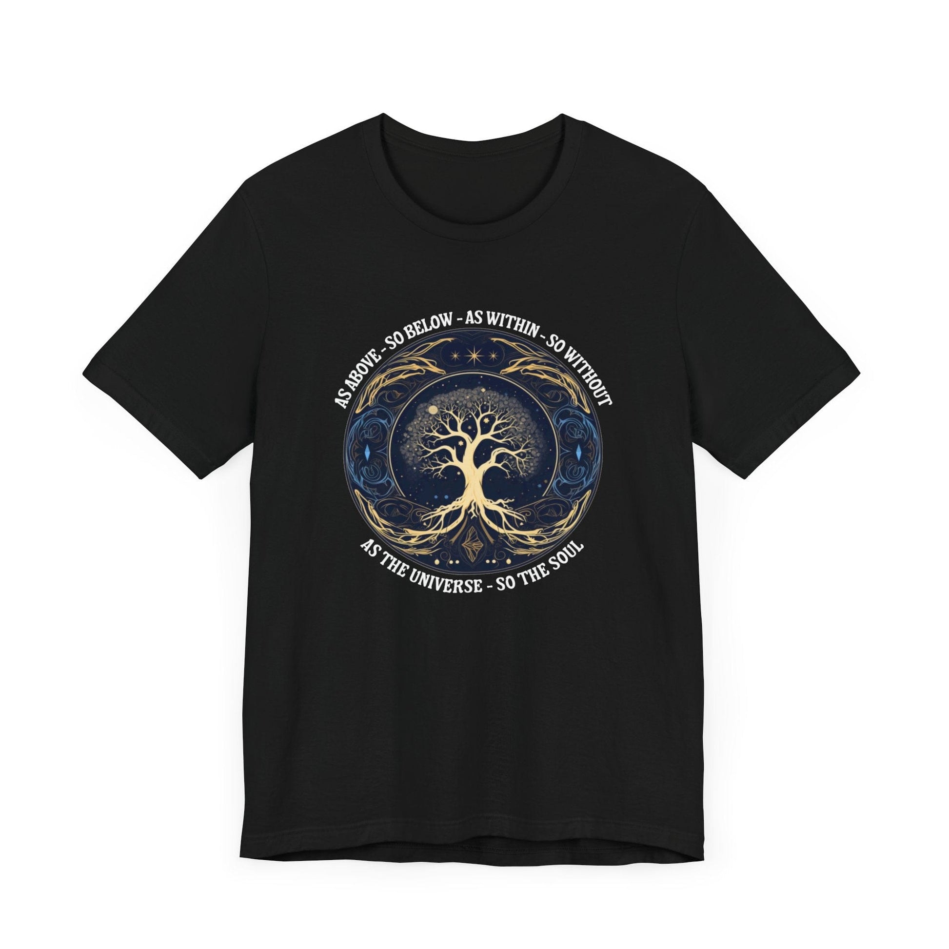 As Above So Below T-Shirt in Black featuring Tree of Life and sacred geometry design.