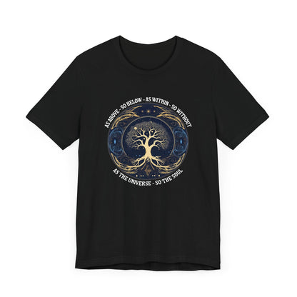 As Above So Below T-Shirt in Black featuring Tree of Life and sacred geometry design.