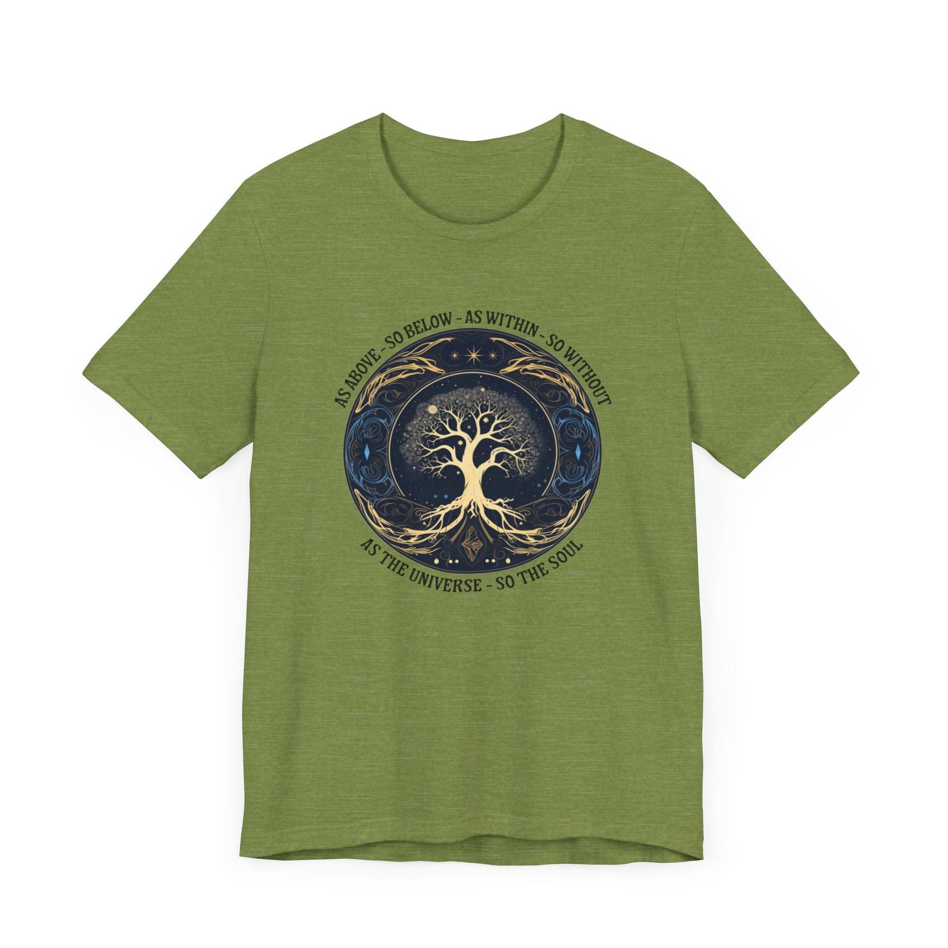 As Above So Below T-Shirt in Heather Green featuring Tree of Life and sacred geometry design