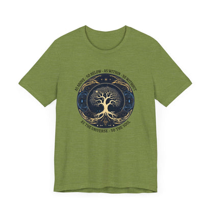 As Above So Below T-Shirt in Heather Green featuring Tree of Life and sacred geometry design