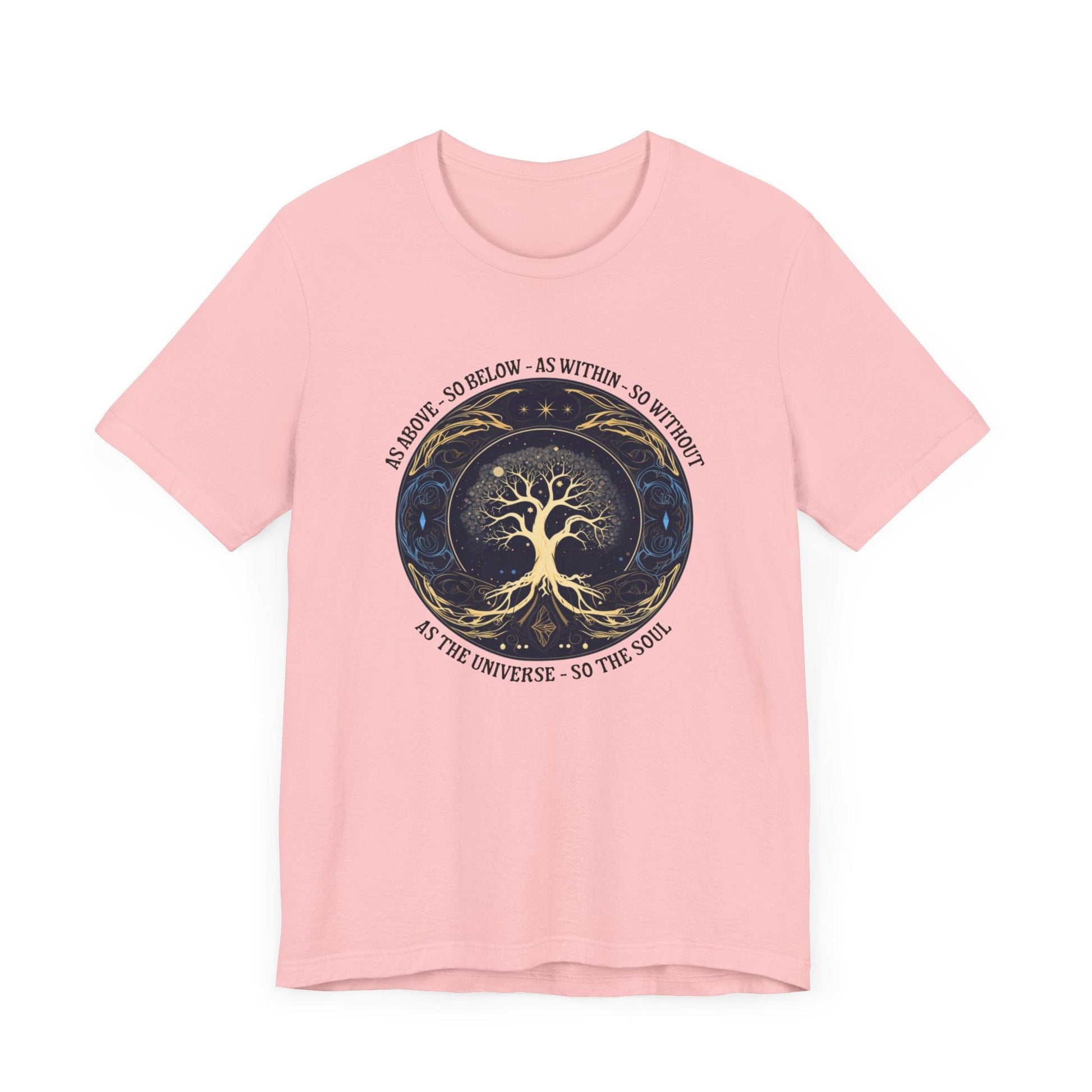 As Above So Below T-Shirt in Pink featuring Tree of Life and sacred geometry design.