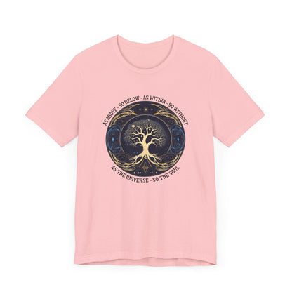 As Above So Below T-Shirt in Pink featuring Tree of Life and sacred geometry design.