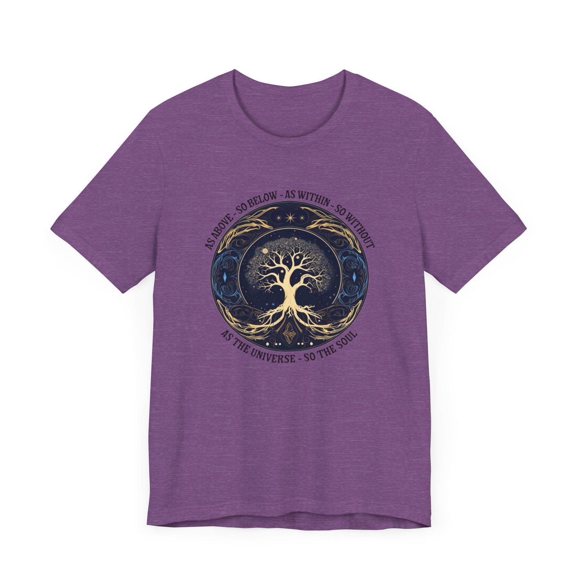 As Above So Below T-Shirt in Heather Purple featuring Tree of Life and sacred geometry design.