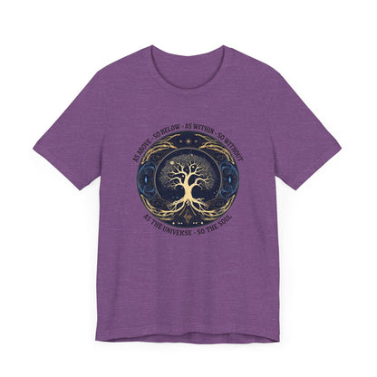 As Above So Below T-Shirt in Heather Purple featuring Tree of Life and sacred geometry design.