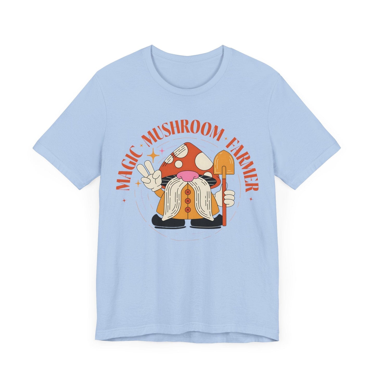 Magic Mushroom Farmer Tee – Gnome in Mushroom Hat on Baby Blue Shirt