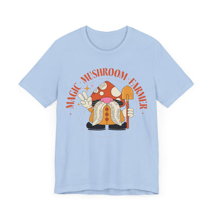 Magic Mushroom Farmer Tee – Gnome in Mushroom Hat on Baby Blue Shirt