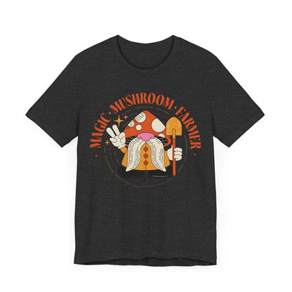 Magic Mushroom Farmer Tee – Gnome in Mushroom Hat on Dark Heather Grey Shirt