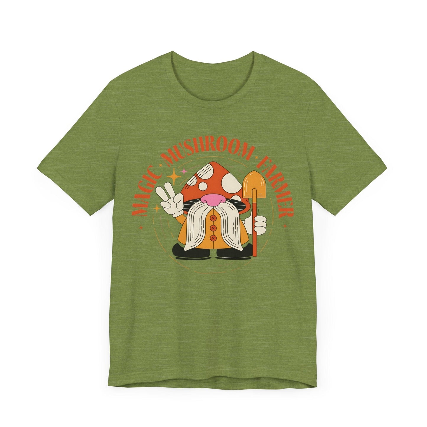 Magic Mushroom Farmer Tee – Gnome in Mushroom Hat on Heather Green Shirt