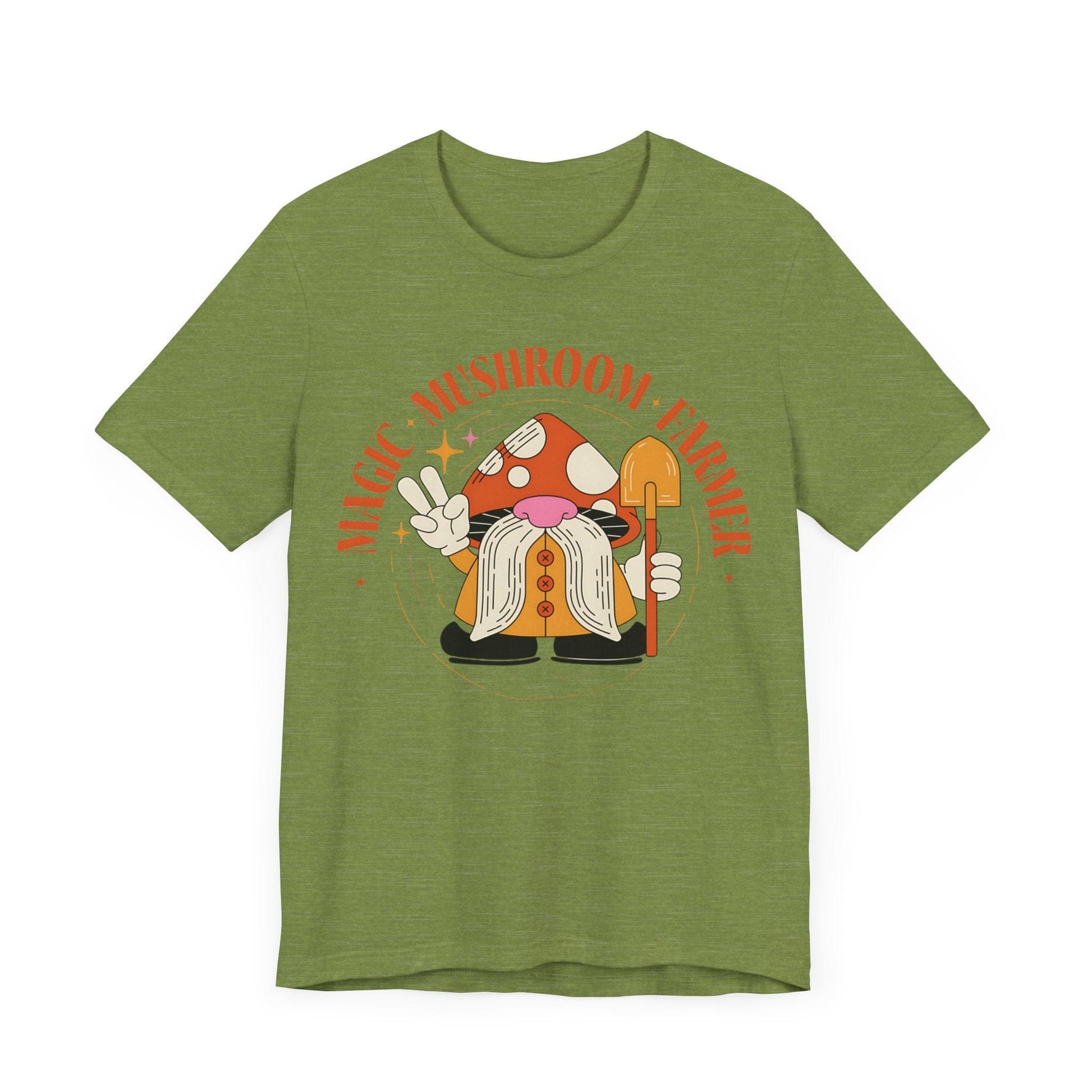 Magic Mushroom Farmer Tee – Gnome in Mushroom Hat on Heather Green Shirt