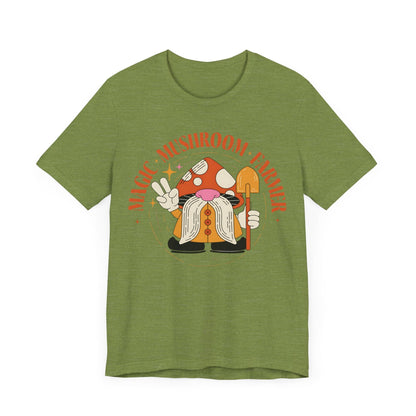Magic Mushroom Farmer Tee – Gnome in Mushroom Hat on Heather Green Shirt