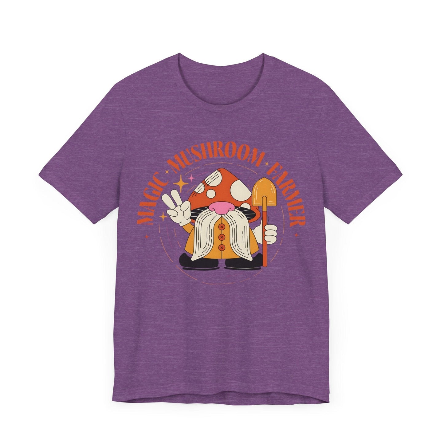 Magic Mushroom Farmer Tee – Gnome in Mushroom Hat on Heather Purple Shirt
