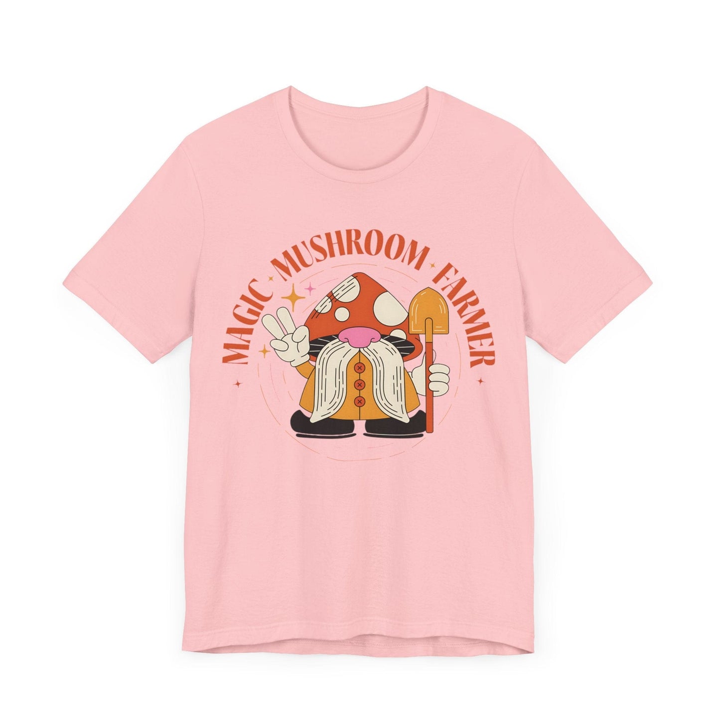 Magic Mushroom Farmer Tee – Gnome in Mushroom Hat on Pink Shirt