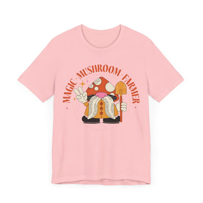 Magic Mushroom Farmer Tee – Gnome in Mushroom Hat on Pink Shirt