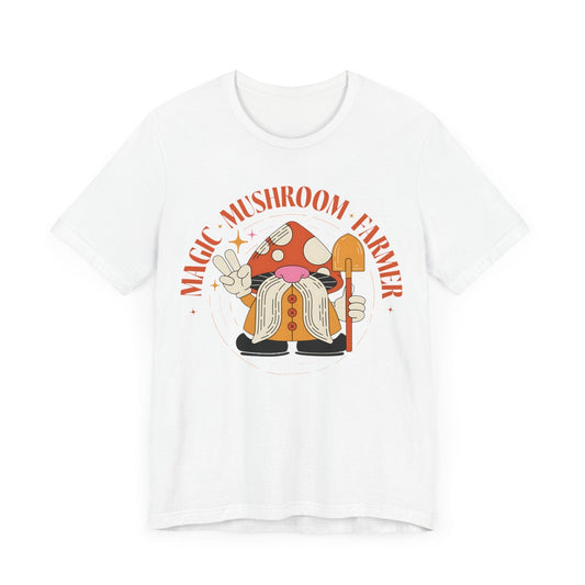 Magic Mushroom Farmer Tee – Gnome in Mushroom Hat on White Shirt