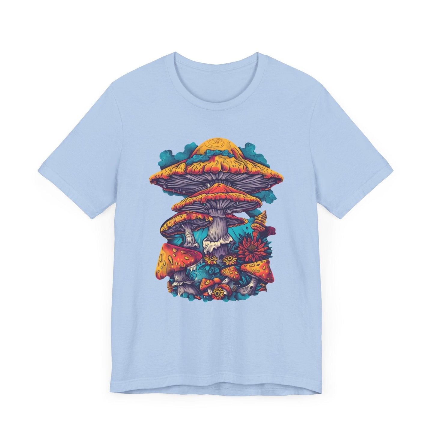 Magic Mushroom Forest T-Shirt with Colorful Psychedelic Print in Baby Blue