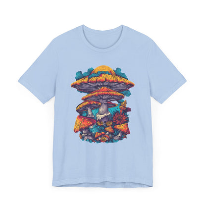 Magic Mushroom Forest T-Shirt with Colorful Psychedelic Print in Baby Blue