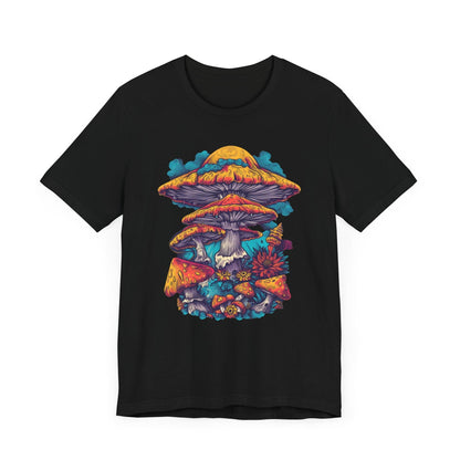 Magic Mushroom Forest T-Shirt with Colorful Psychedelic Print in Black