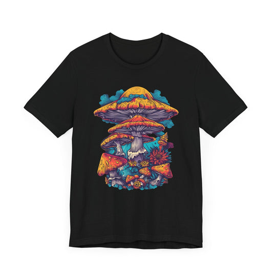 Magic Mushroom Forest T-Shirt with Colorful Psychedelic Print in Black