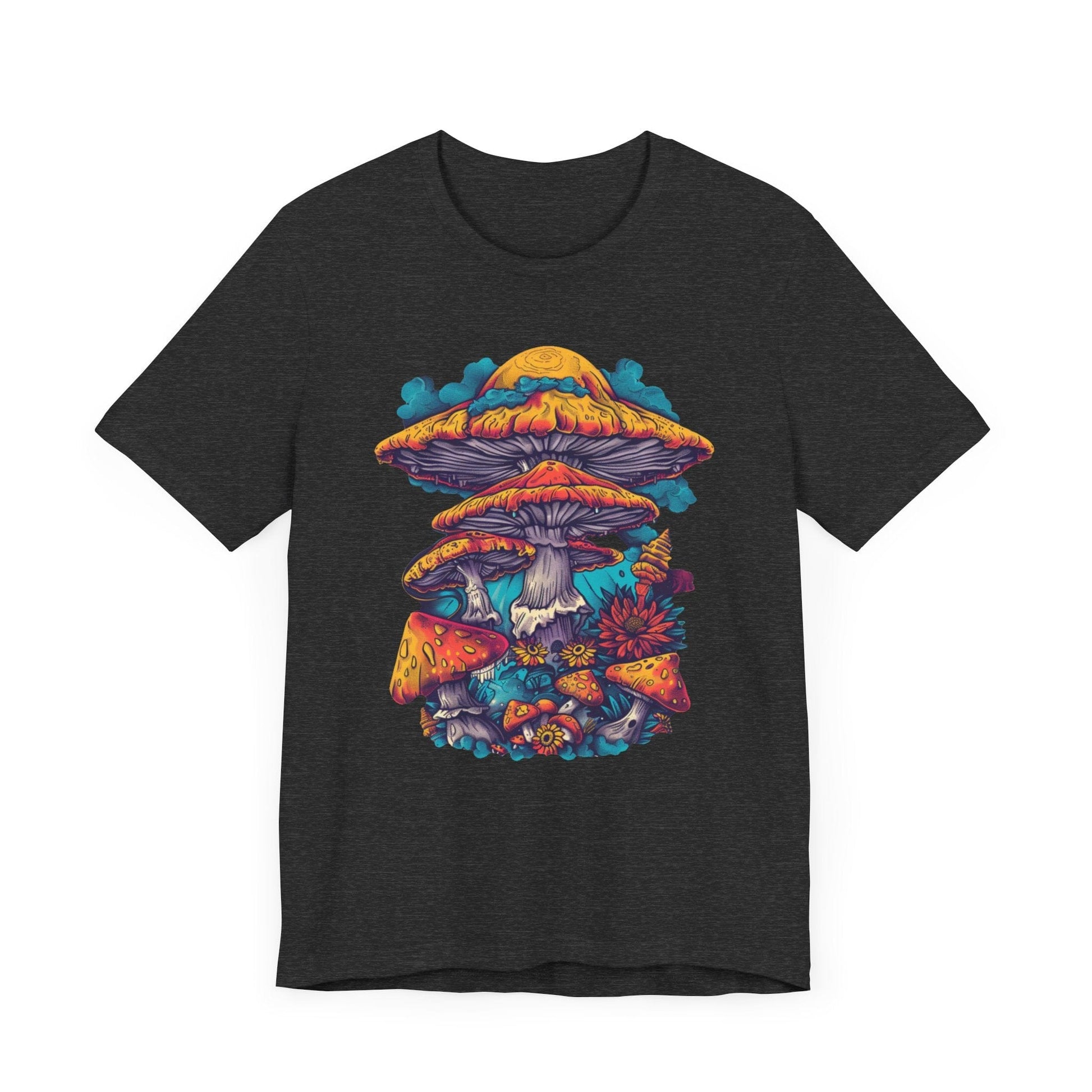 Magic Mushroom Forest T-Shirt with Colorful Psychedelic Print in Dark Heather Grey