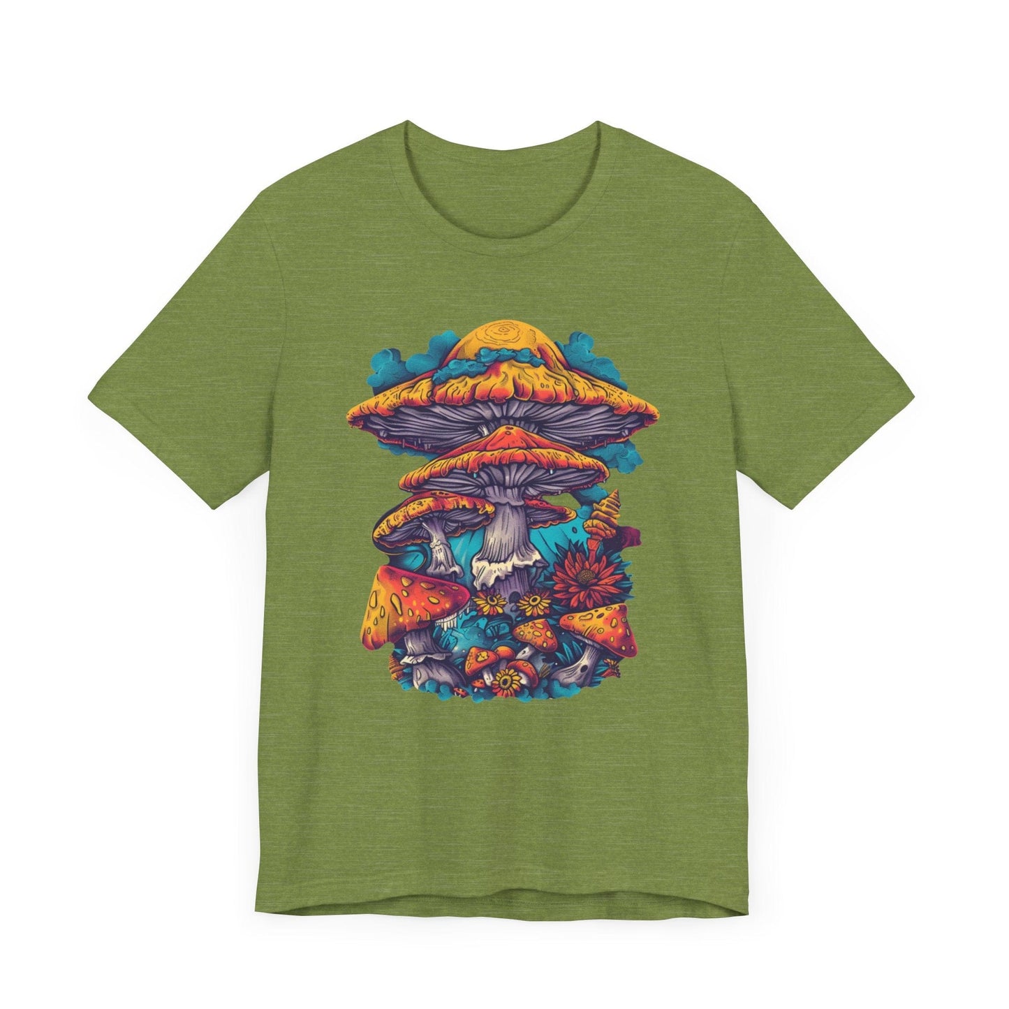 Magic Mushroom Forest T-Shirt with Colorful Psychedelic Print in Heather Green