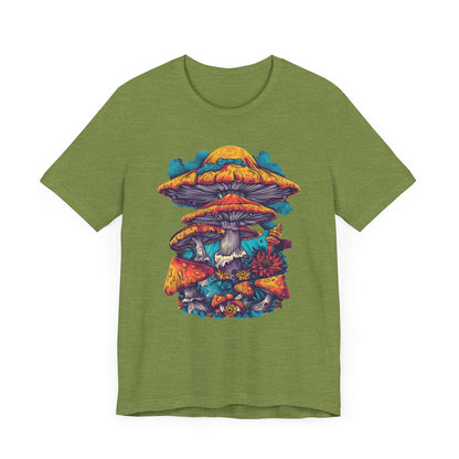 Magic Mushroom Forest T-Shirt with Colorful Psychedelic Print in Heather Green