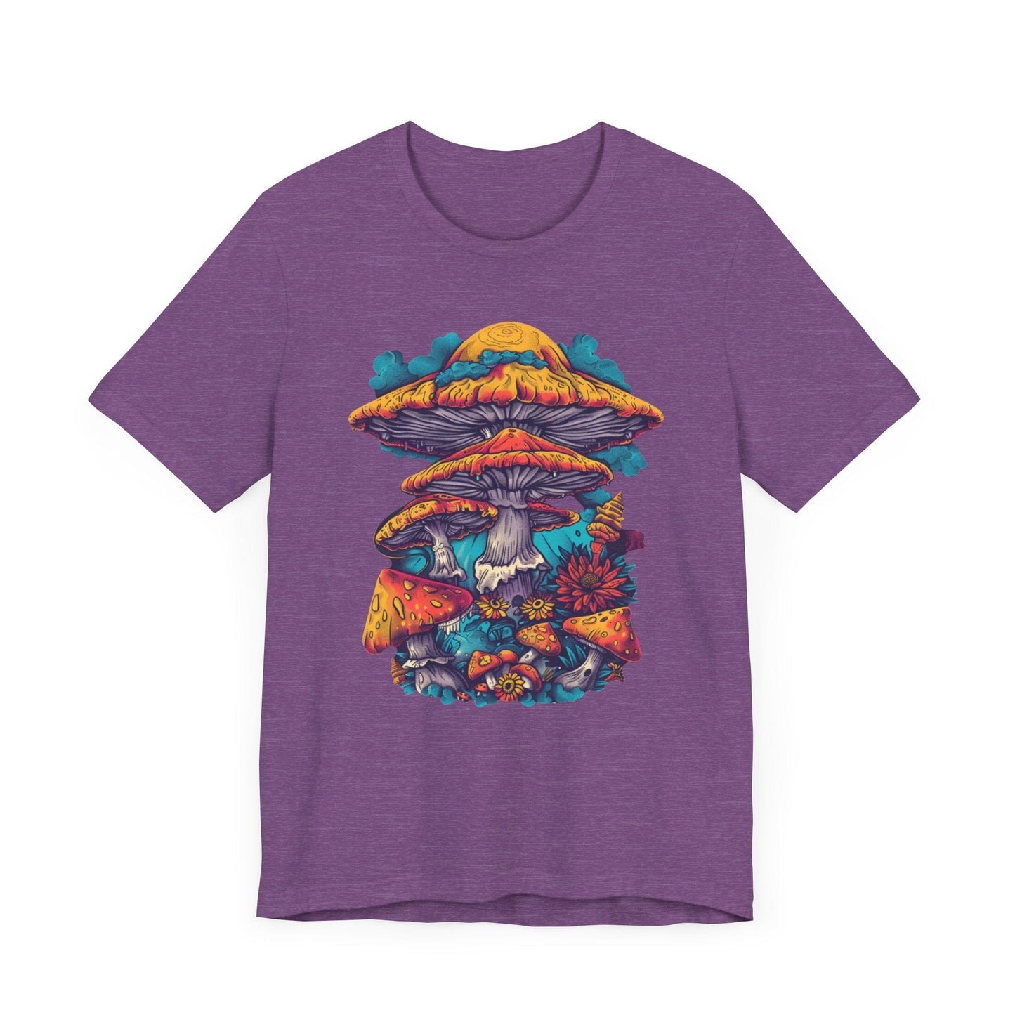 Magic Mushroom Forest T-Shirt with Colorful Psychedelic Print in Heather Purple