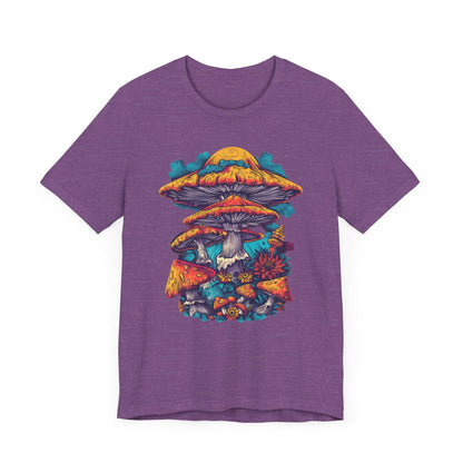 Magic Mushroom Forest T-Shirt with Colorful Psychedelic Print in Heather Purple
