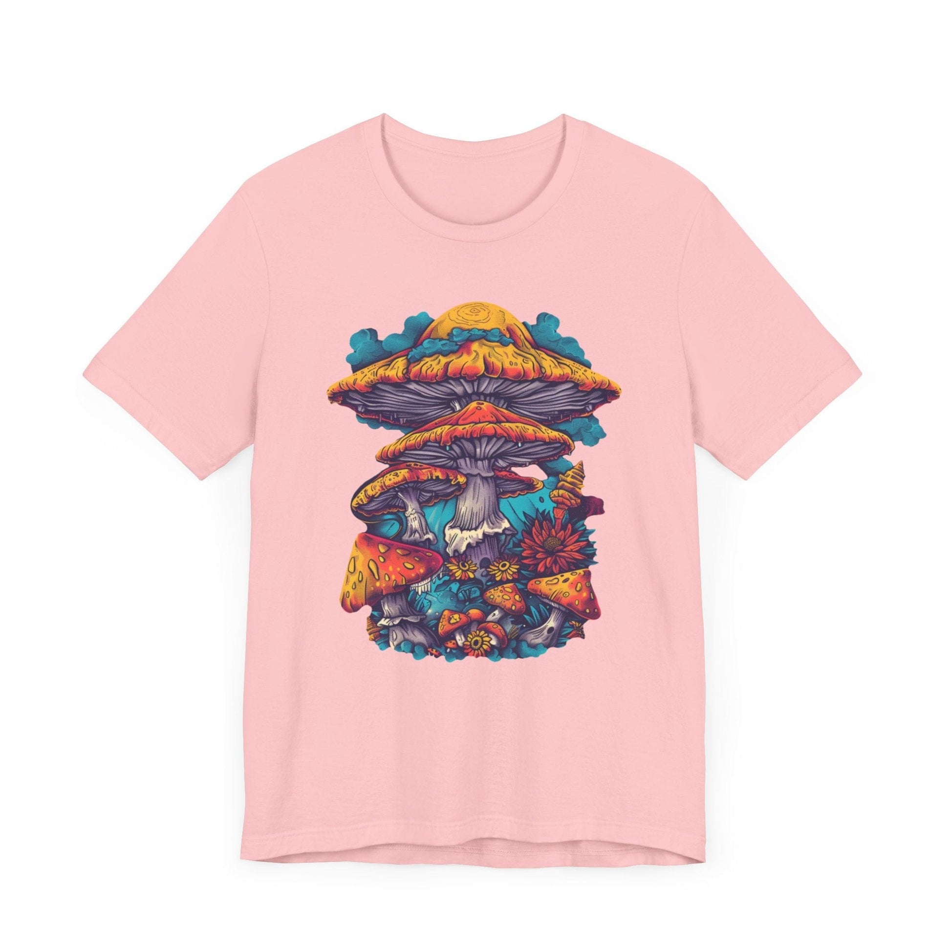 Magic Mushroom Forest T-Shirt with Colorful Psychedelic Print in Pink
