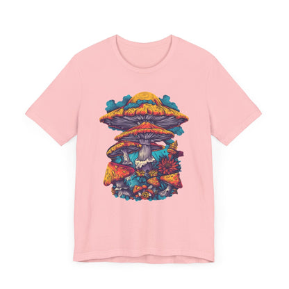 Magic Mushroom Forest T-Shirt with Colorful Psychedelic Print in Pink