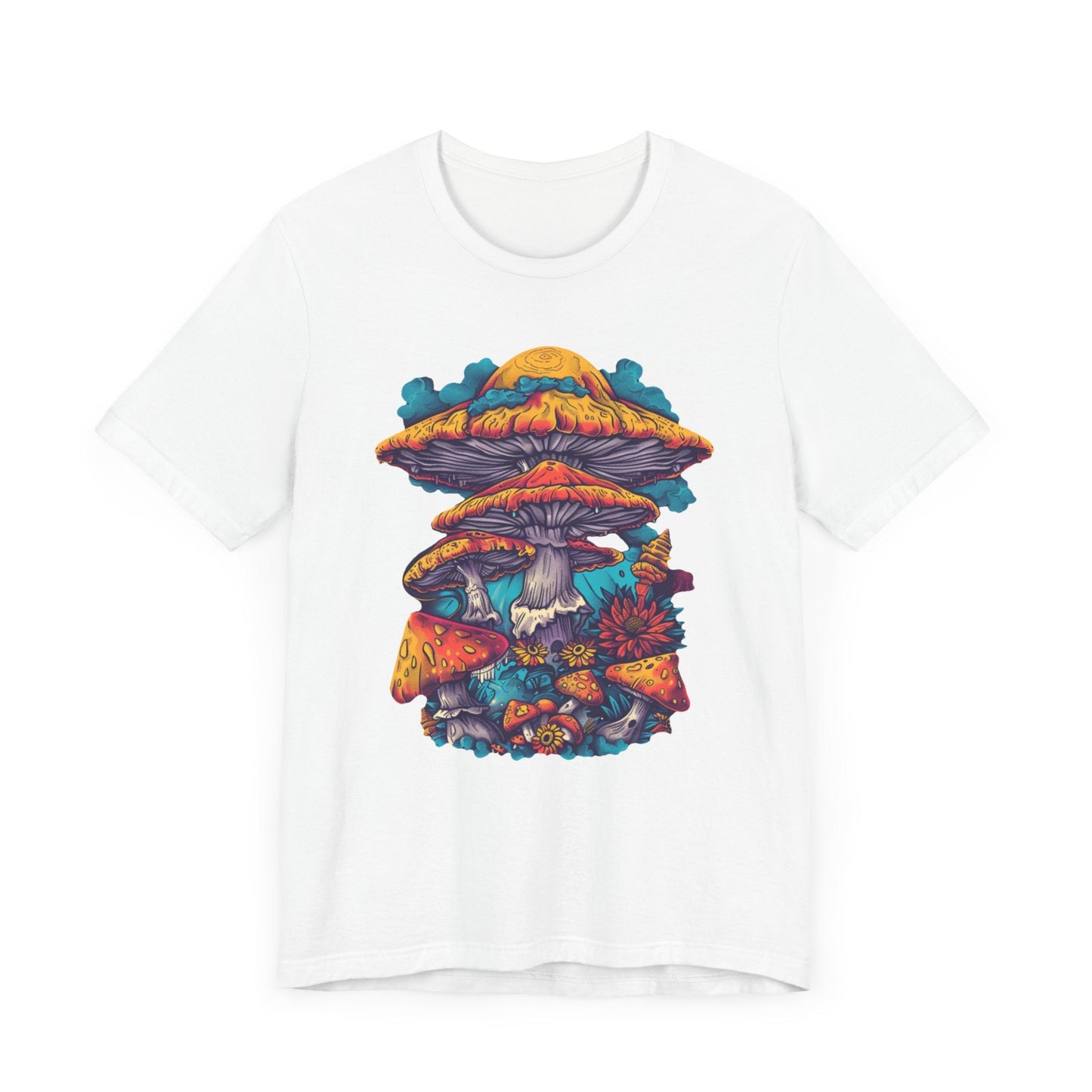 Magic Mushroom Forest T-Shirt with Colorful Psychedelic Print in White