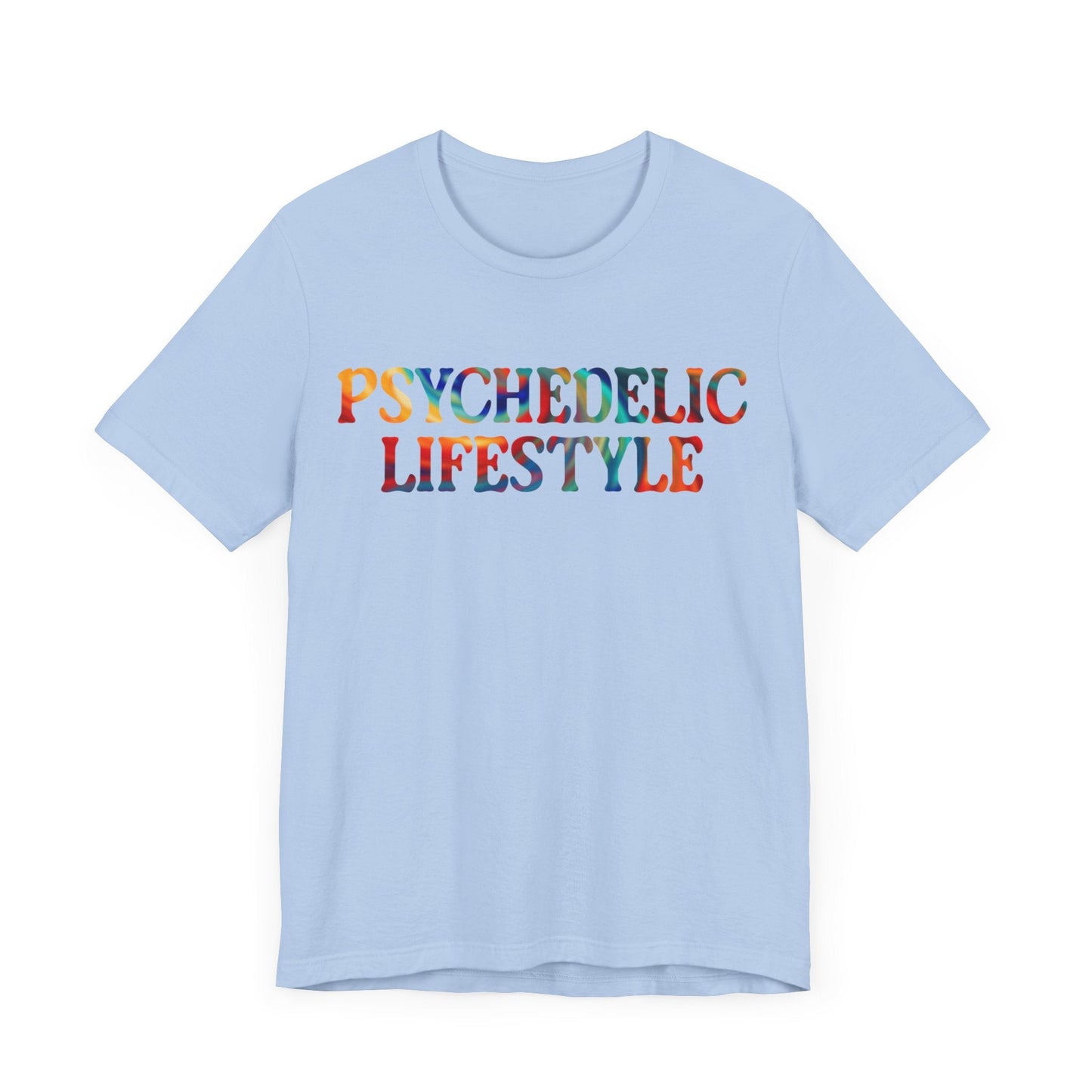 Psychedelic Art Shirt – Rainbow Typography on Baby Blue Tee