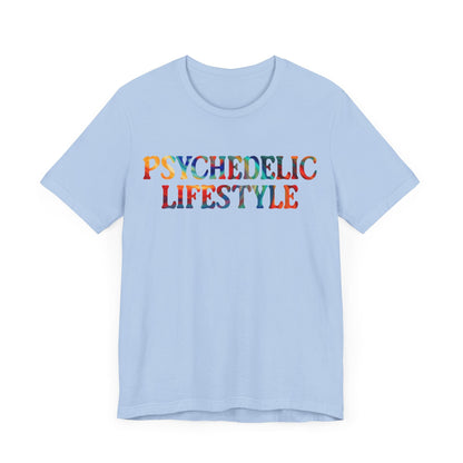 Psychedelic Art Shirt – Rainbow Typography on Baby Blue Tee