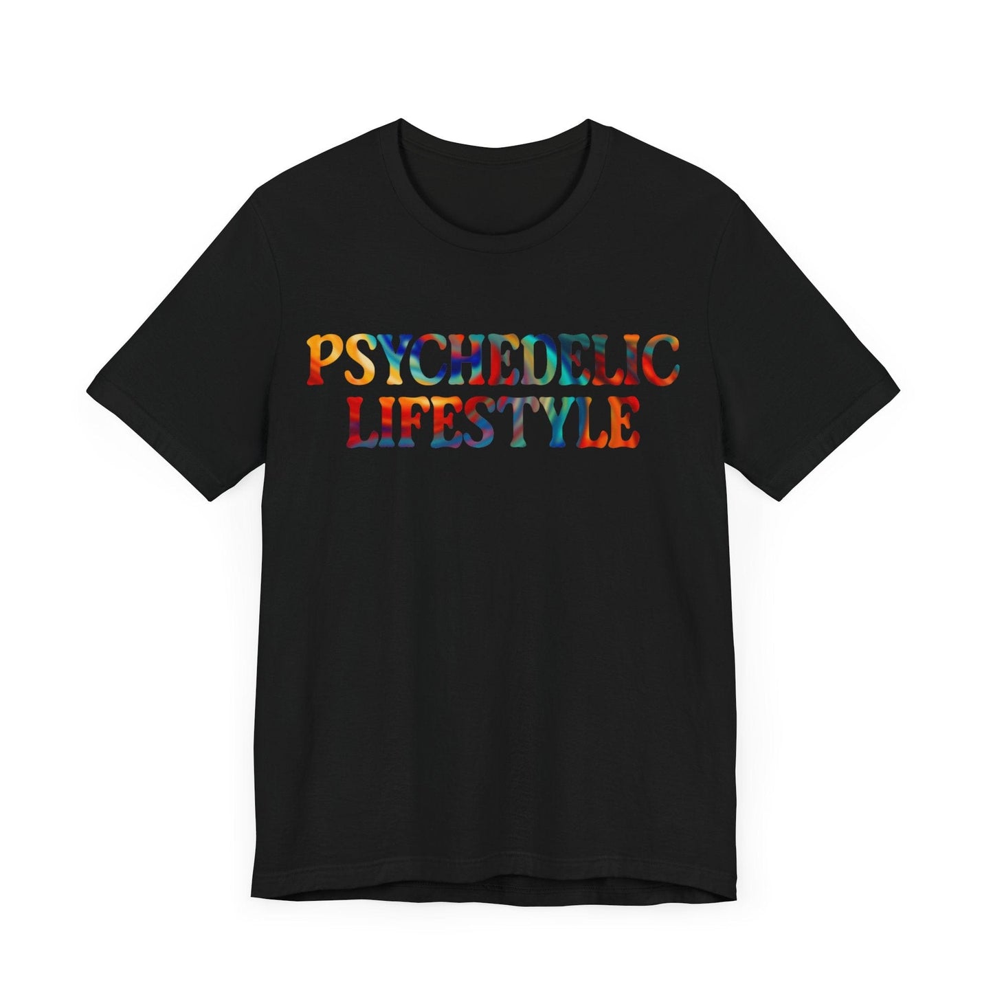 Psychedelic Art Shirt – Rainbow Typography on Black Tee