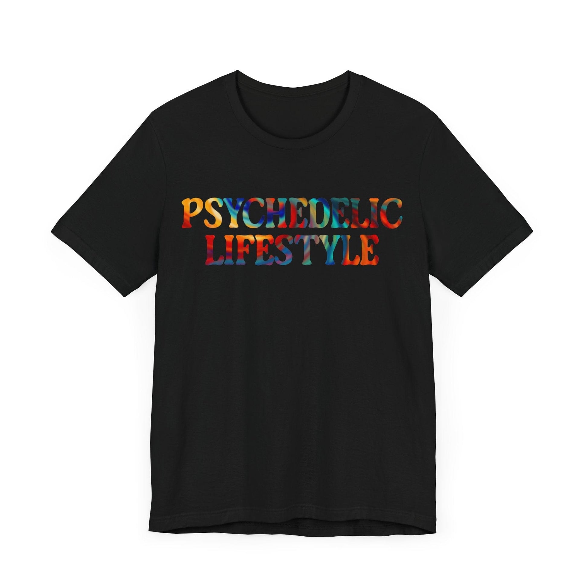 Psychedelic Art Shirt – Rainbow Typography on Black Tee