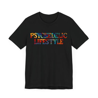 Psychedelic Art Shirt – Rainbow Typography on Black Tee