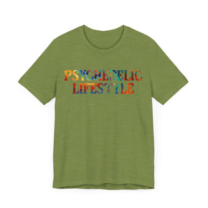 Psychedelic Art Shirt – Rainbow Typography on Heather Green Tee