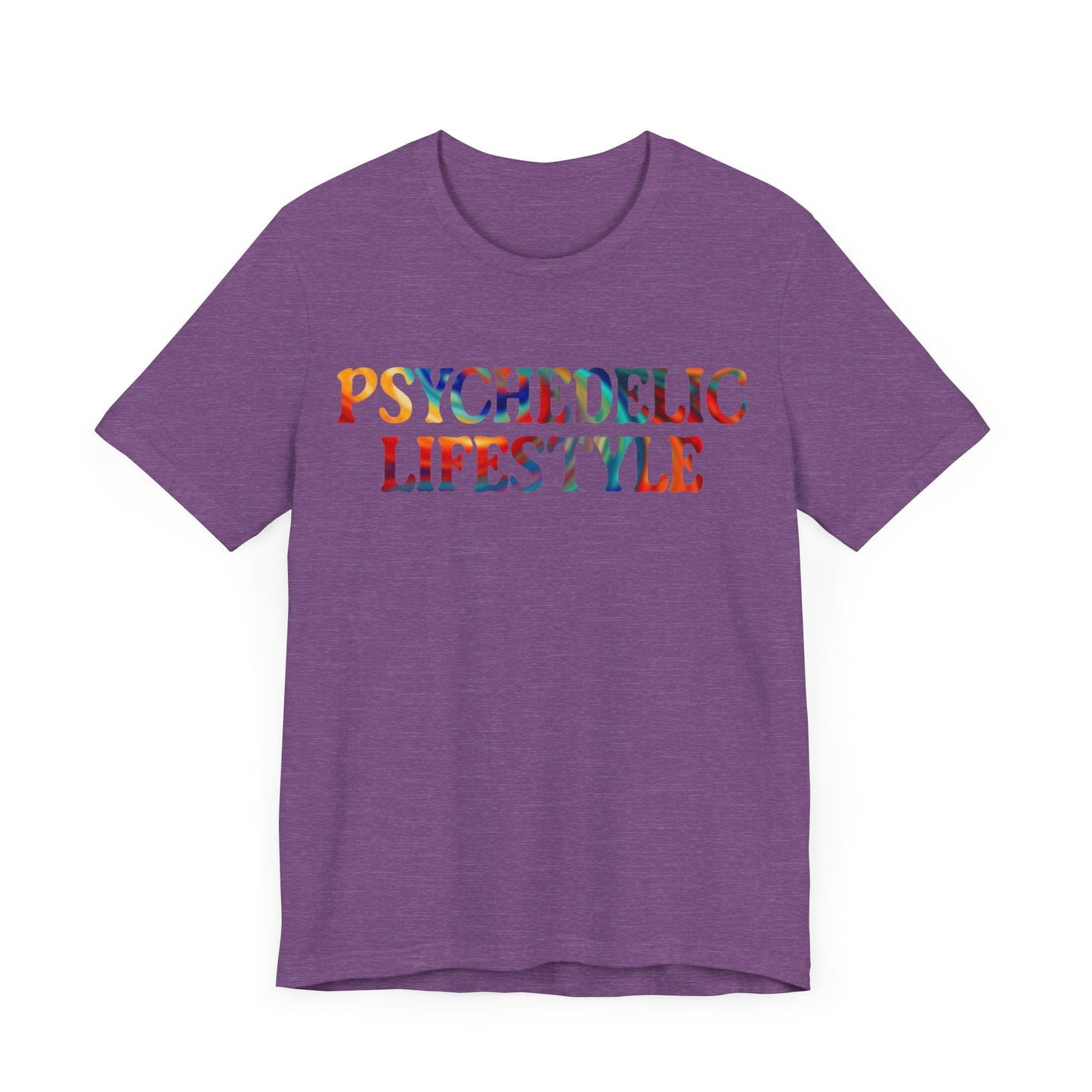 Psychedelic Art Shirt – Rainbow Typography on Heather Purple Tee