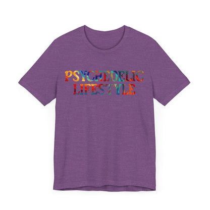 Psychedelic Art Shirt – Rainbow Typography on Heather Purple Tee