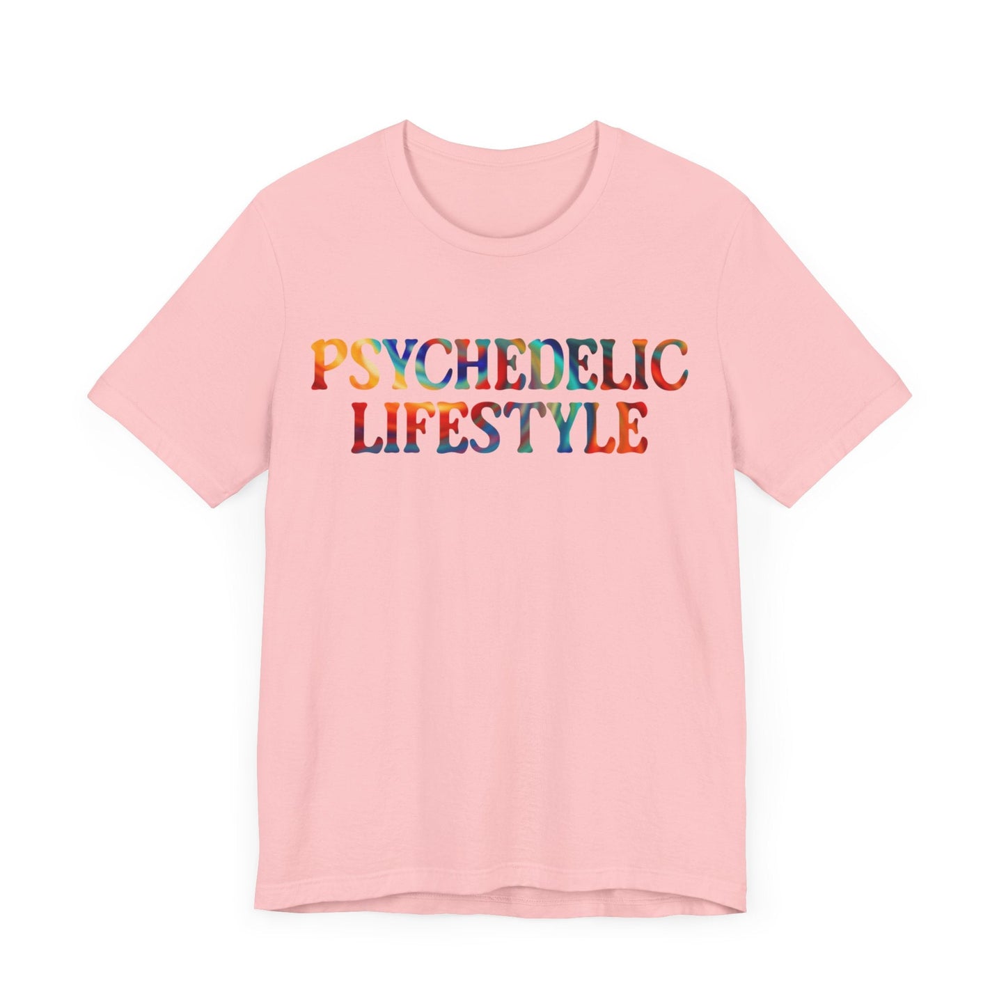 Psychedelic Art Shirt – Rainbow Typography on Pink Tee