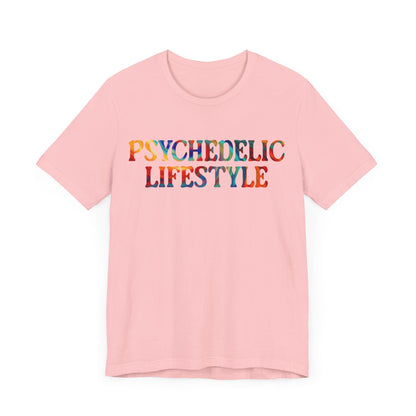 Psychedelic Art Shirt – Rainbow Typography on Pink Tee