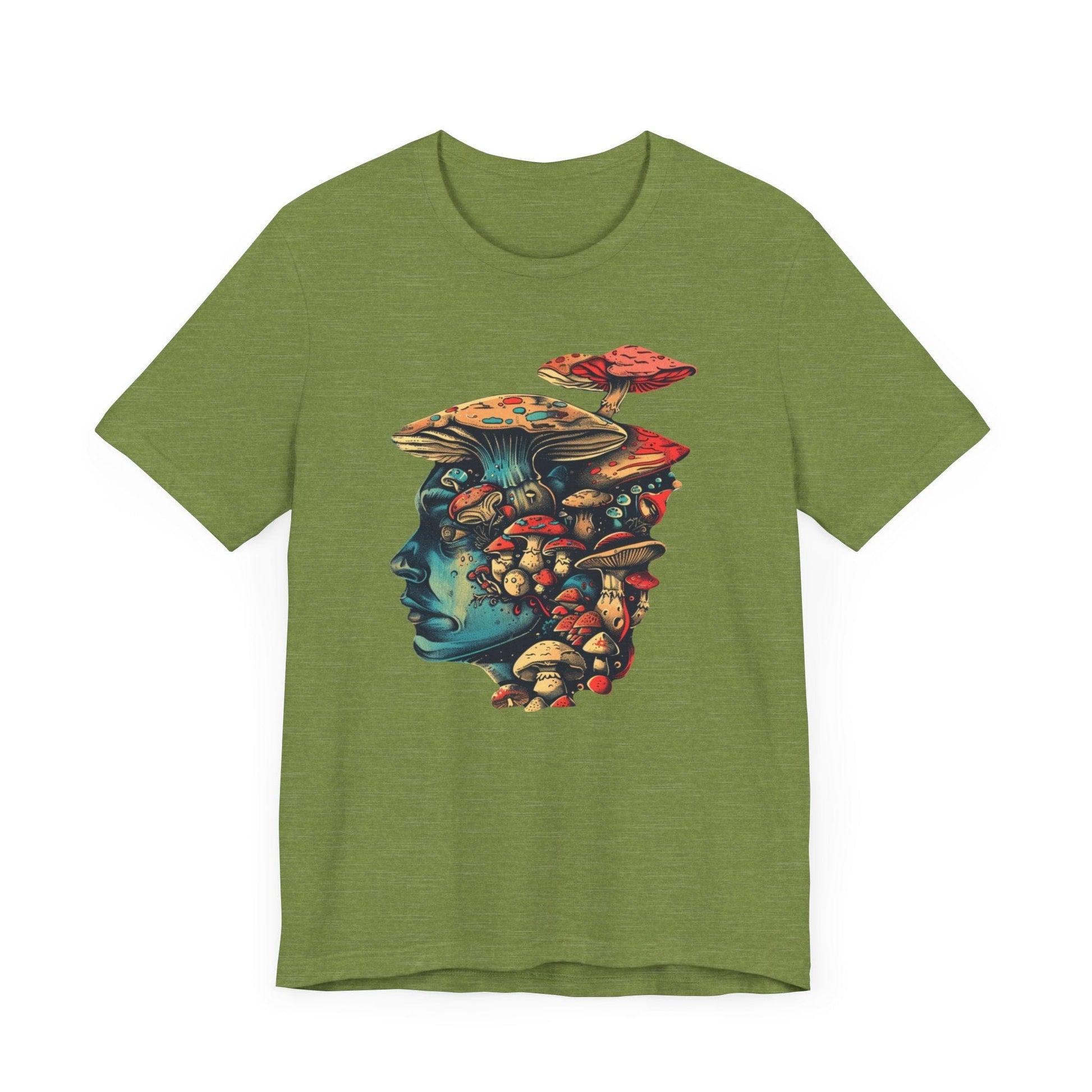 Psychedelic Mushroom Head Graphic T-Shirt in Heather Green